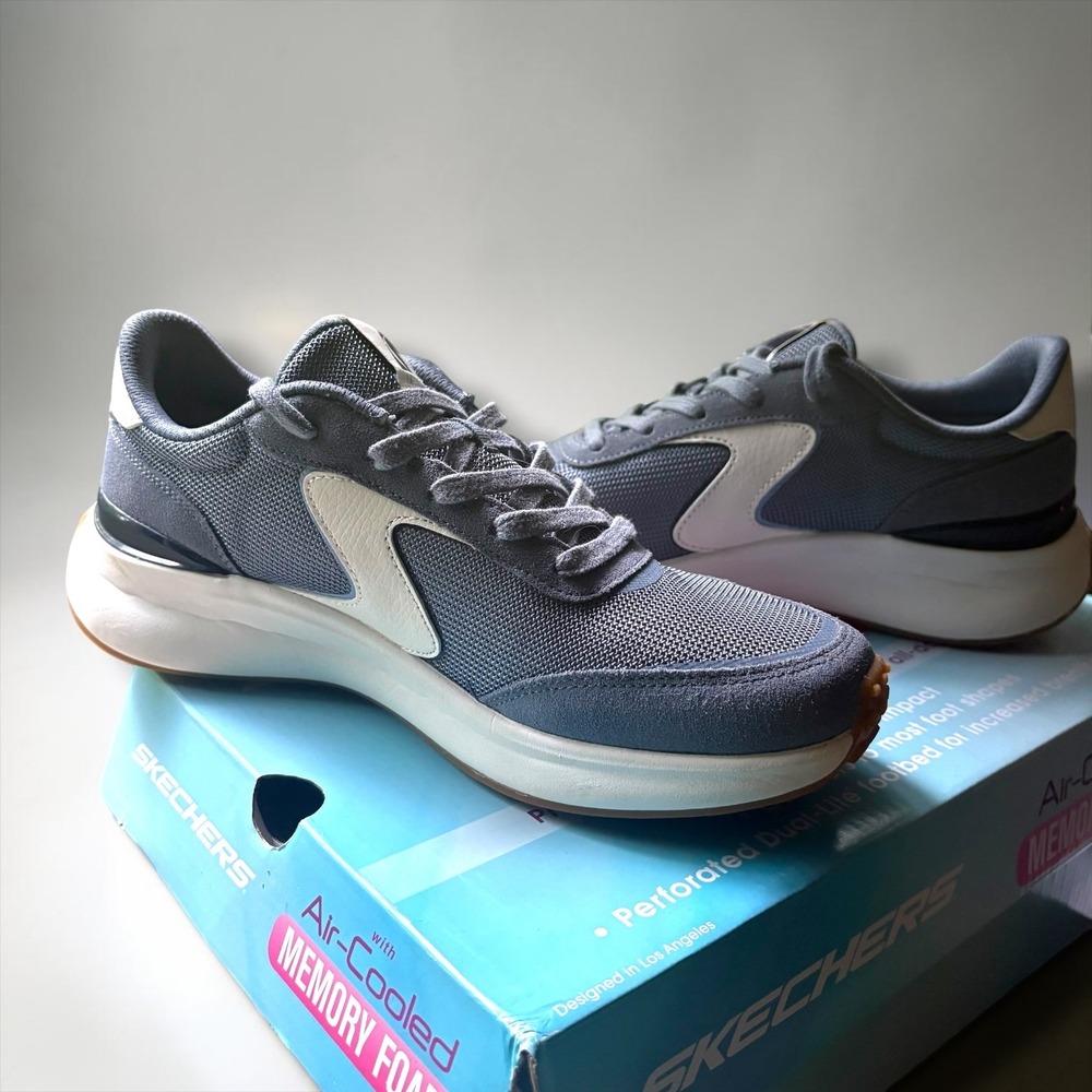 Skechers Air-Cooled Memory Foam Slate Blue Suede Mesh Athletic Sneakers